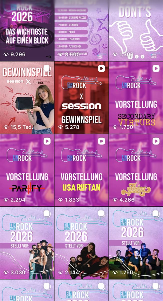 Reels-Übersicht des Instagram-Accounts @einhardrock.seligenstadt mit Aufrufzahlen