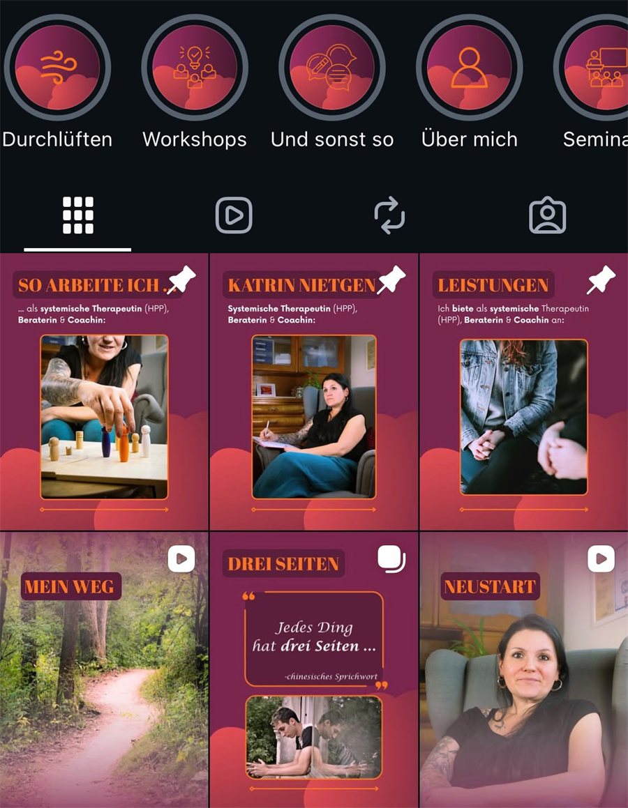Instagram-Profil von @praxi_katrin.nietgen mit Highlights und Beitragsraster